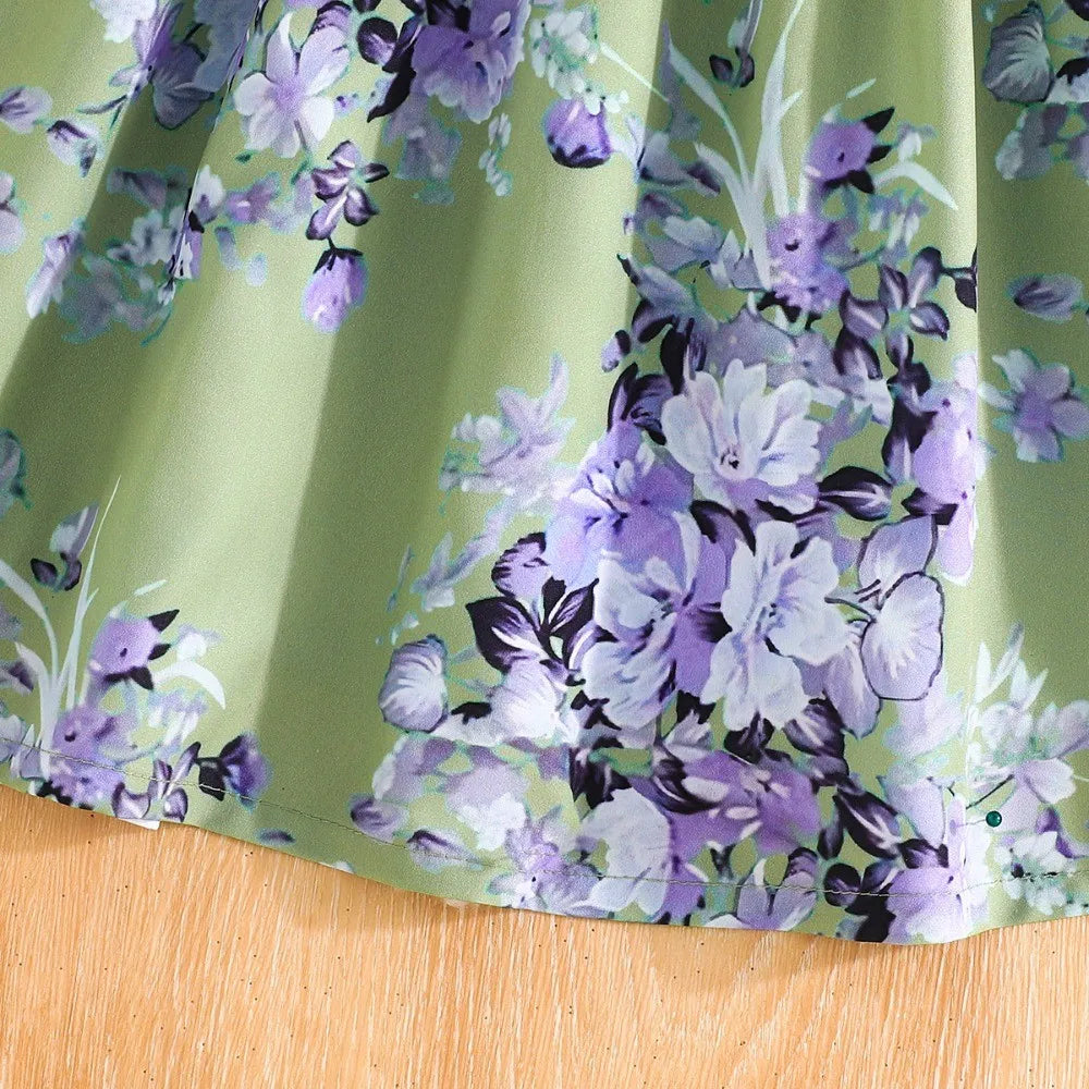 Girls' Dress, Full Flower Print Dress,O-neck Casual Dress, Waist Dress with Bow Decoration, Suitable for Girls' Dresses Aged 2-7