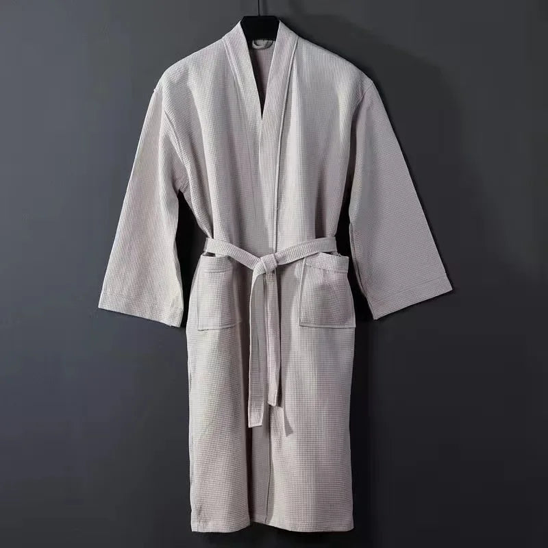 Women Towel Bathrobe 100%Cotton Long Thick Absorbent Terry Bath Robe Kimono Men LightWeight Waffle Solid Dressing Gown Sleepwear