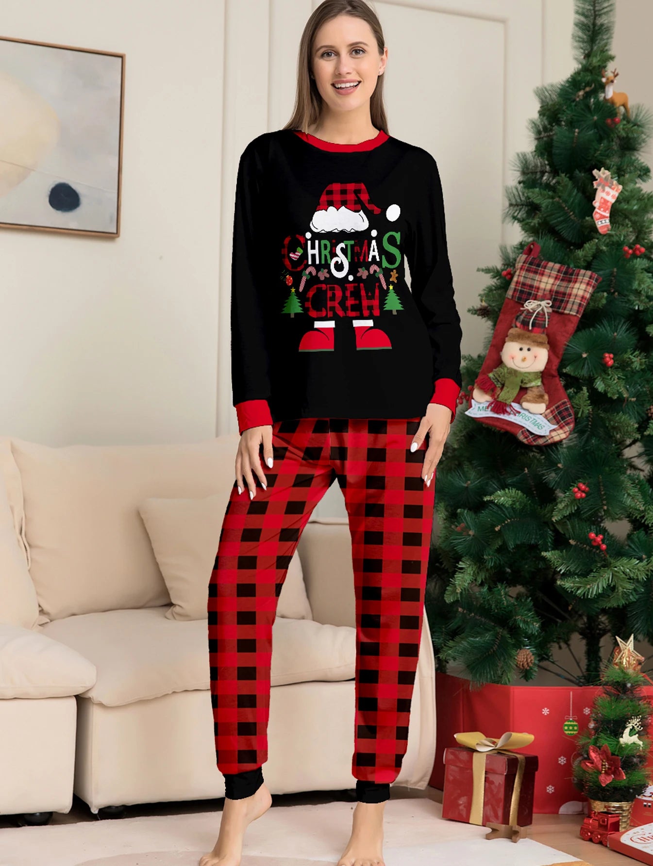 Women's Christmas Pajama Ensemble, Black Shirt with Christmas - Themed Graphics, Plaid Patterned Bottoms