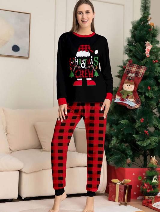Women's Christmas Pajama Ensemble, Black Shirt with Christmas - Themed Graphics, Plaid Patterned Bottoms