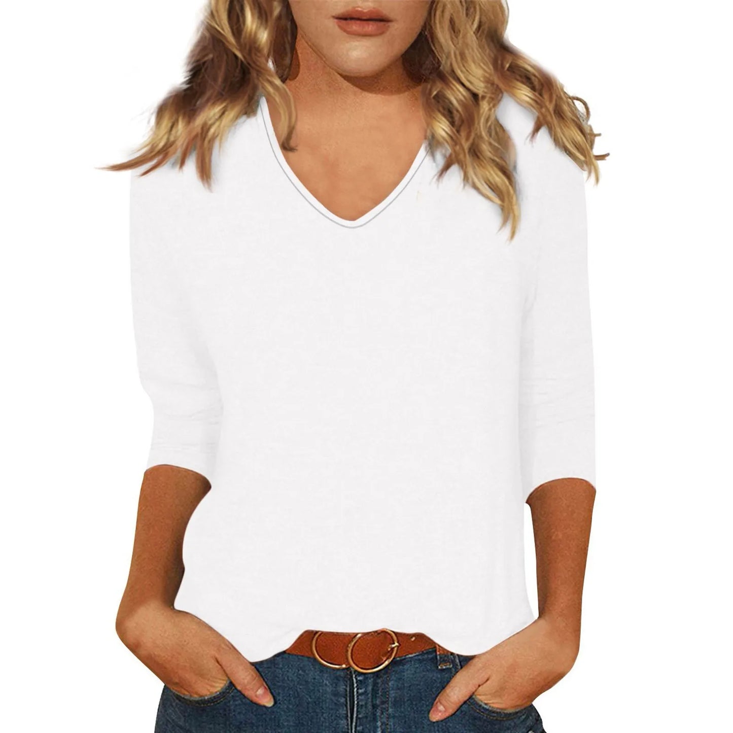Women's T-Shirt Fashion Casual Everyday Versatile V-Neck 3/4 Length Sleeve Tops Solid Color Printed T-Shirt Top