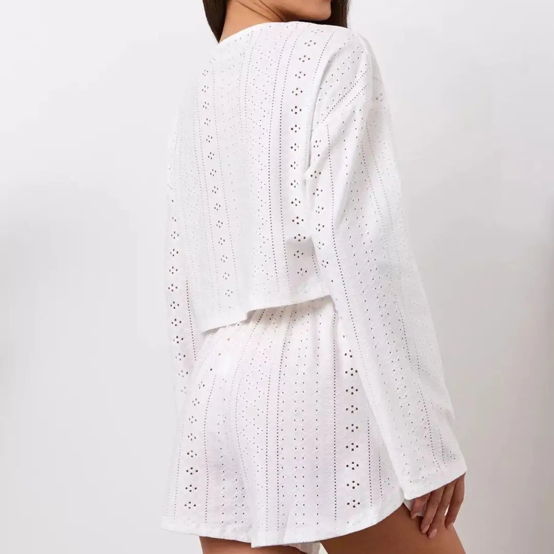 Conjunto de pijamas para mujer de verano: Pijama calado con top de manga larga y pantalones cortos, 2 piezas, ideal para el hoga