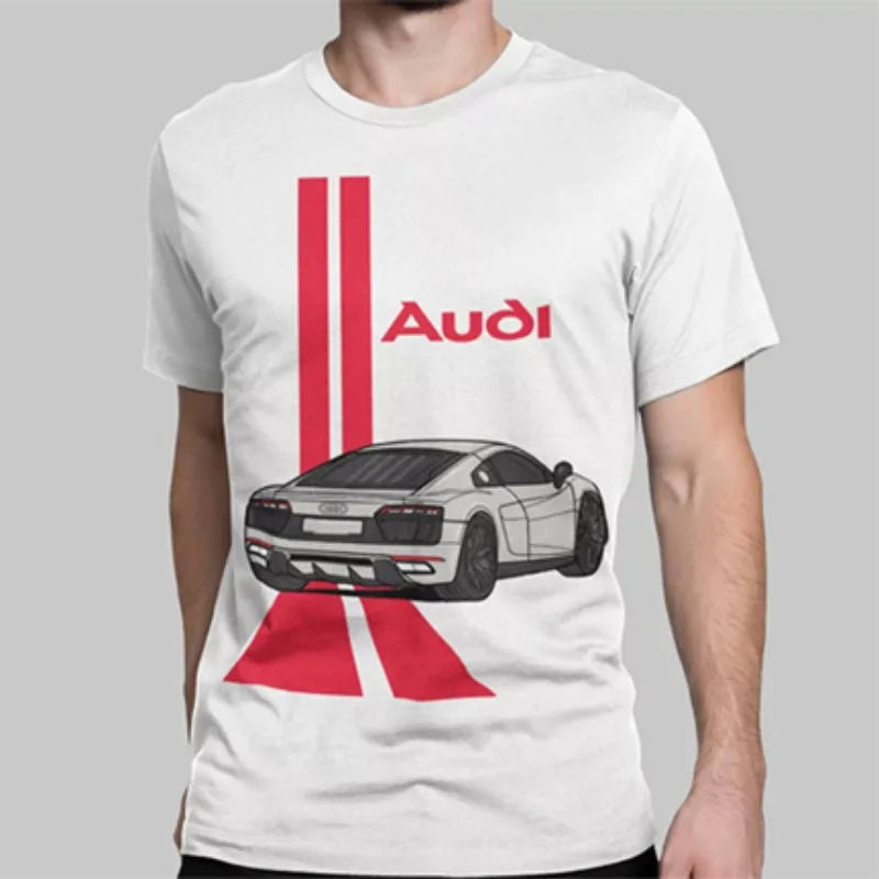 T Shirt for Men Summer Casual Streetwear Style Audi Car Graphic Cottonblack White Contrast Print Left Chest Motorsport Theme