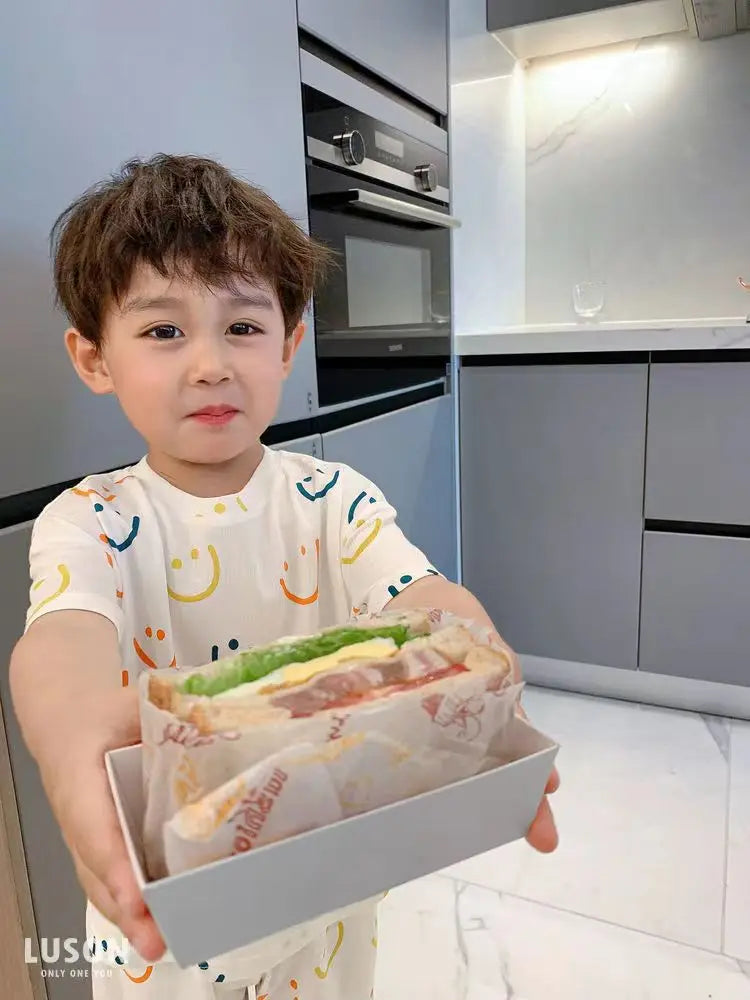 Summer Home Clothes Air-conditioned Clothes Boys and Girls Ice Silk Fabric Loose Short Sleeved Shorts Two-piece Set of Pajamas