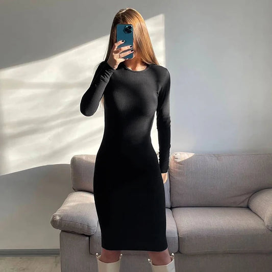 Autumn Winter Women's Dresses New Fashion Casual Slim O-Neck Long Sleeves Elegant Maxi Dresses Sexy Black Female Knitted Dress
