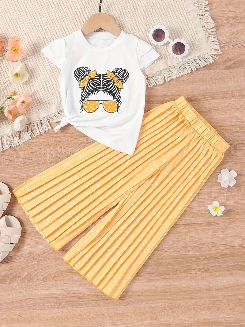 Summer Girls Clothing Sets New Cotton Fashion Short Sleeved+Wide Leg Pants Casual Two Piece Set Kids Clothes 2 3 4 5 6 7 Years