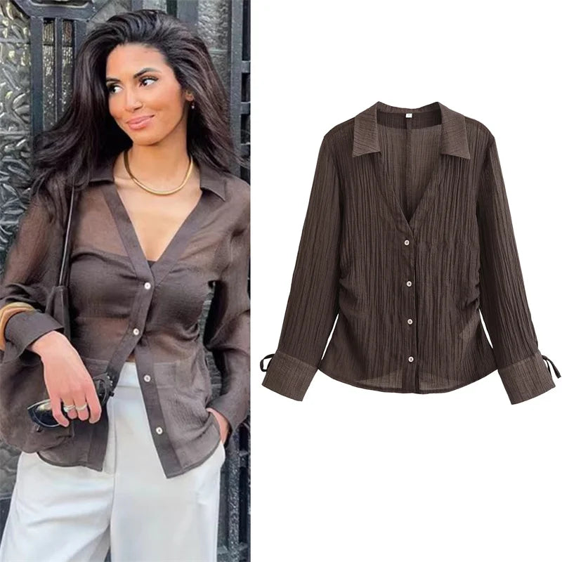 Women's Blouse New Summer 2025 Brown Long Sleeve Translucent Shirt Bow Decoration Sexy and Fashionable Personality and Versatile