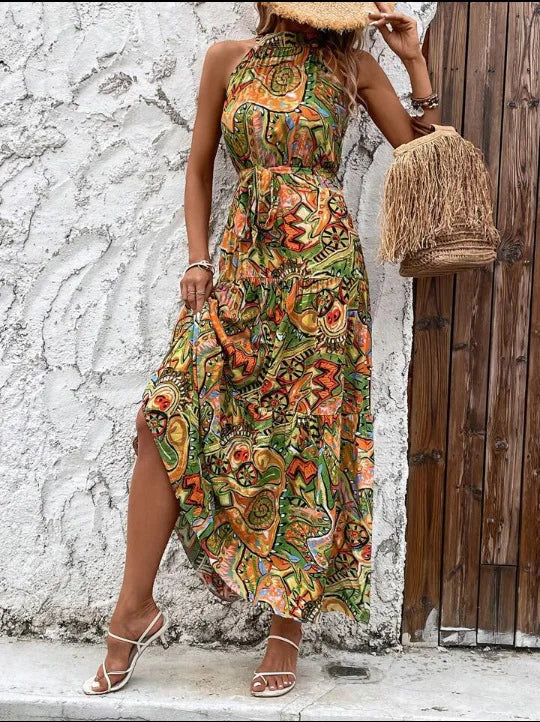 Women's Dress Elegant Print Sleeveless O-neckhalter Off Shoulder Dresses Vintage Waistlace Up Boho Women Long Dress Vestidos