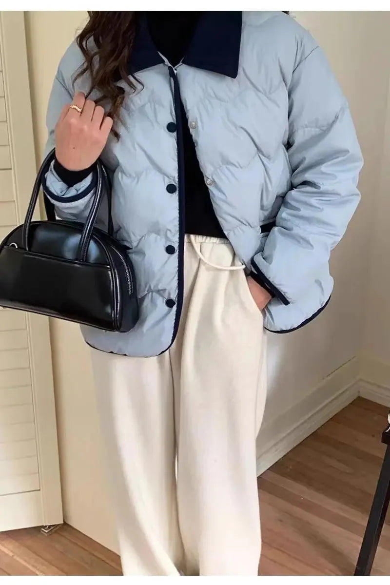 Women Casual Down Coats Korean Fashion Cotton Padded Jacket Female Autumn Winter Long Sleeve Single Breasted Warm Solid Coat