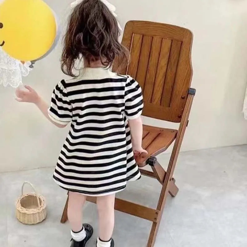 Summer Girl Dress Bear Embroidered Polo Neck Dresses Striped A-line Skirt Princess Skirt Soft and Comfortable Children Clothes