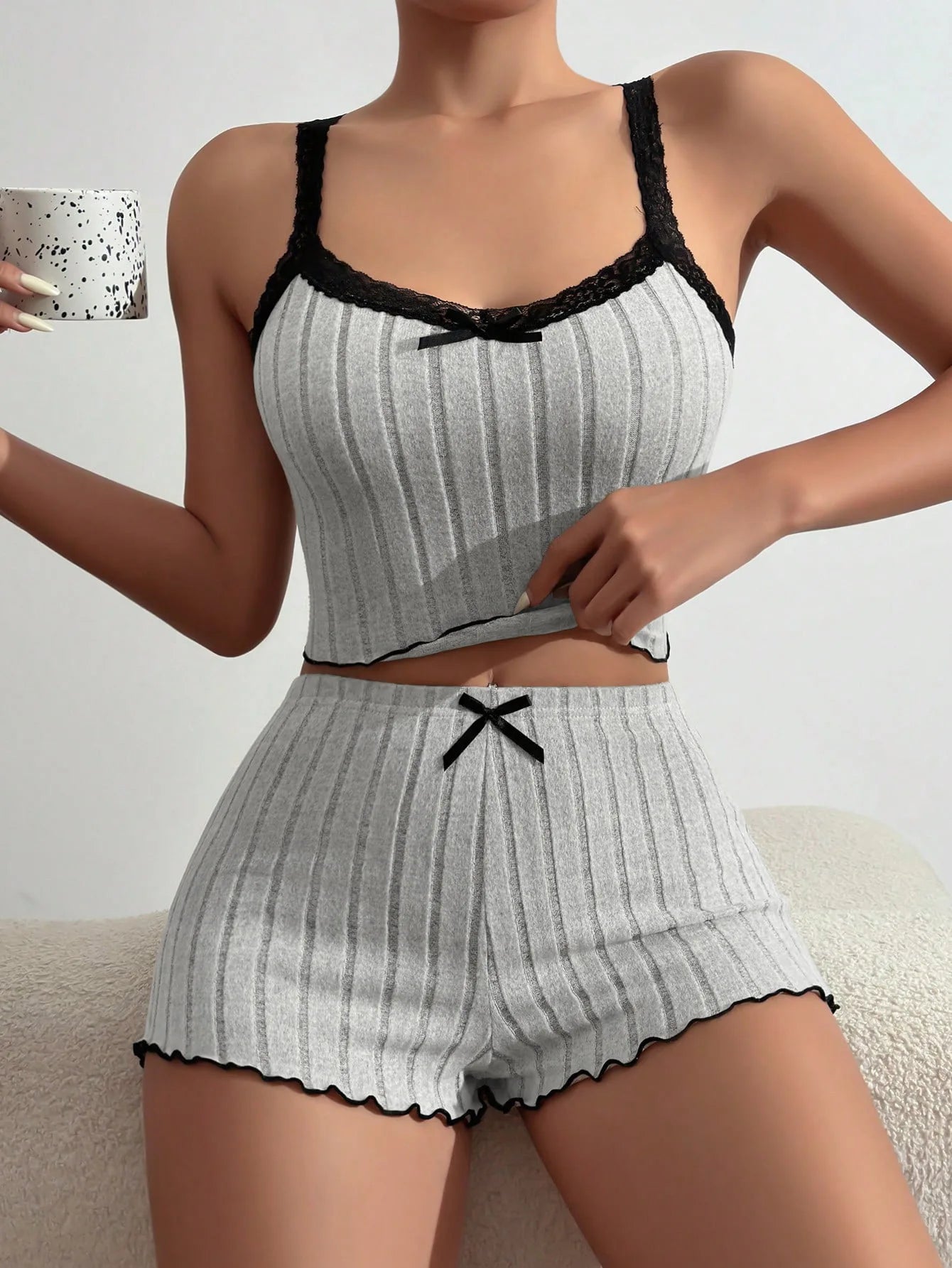Pajama Suit Suspender Shorts Sexy Bow Print Milk Silk Suit Comfortable Home Wear Women's Pajama Suit