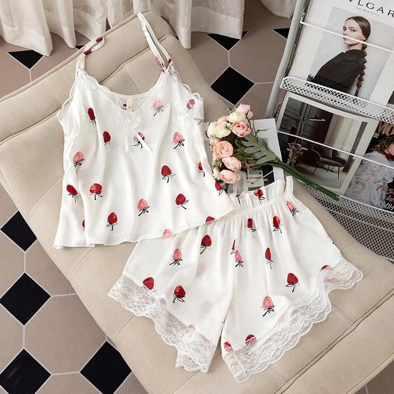 2024 New Sexy Floral Print Pajamas Women's Nightwear Lace V-Neck Ice Silk Pijama