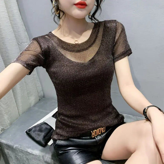 Summer Women Clothing 2025 New Half-sleeved Fashionable Short-sleeved T-shirt Hollow Mesh Top Lace Pullover
