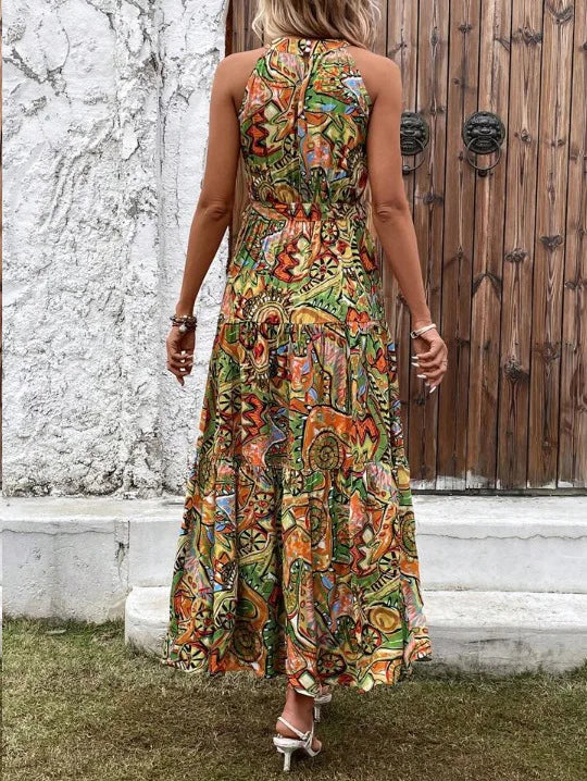 Women's Dress Elegant Print Sleeveless O-neckhalter Off Shoulder Dresses Vintage Waistlace Up Boho Women Long Dress Vestidos