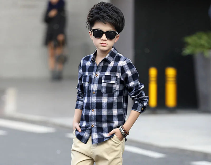 Boys Shirts Fashion Children Plaid Shirts Cotton Long Sleeve Boys Tops Shirt Teenage Kids Boys Clothes 5 6 8 9 10 12 14 15 Years