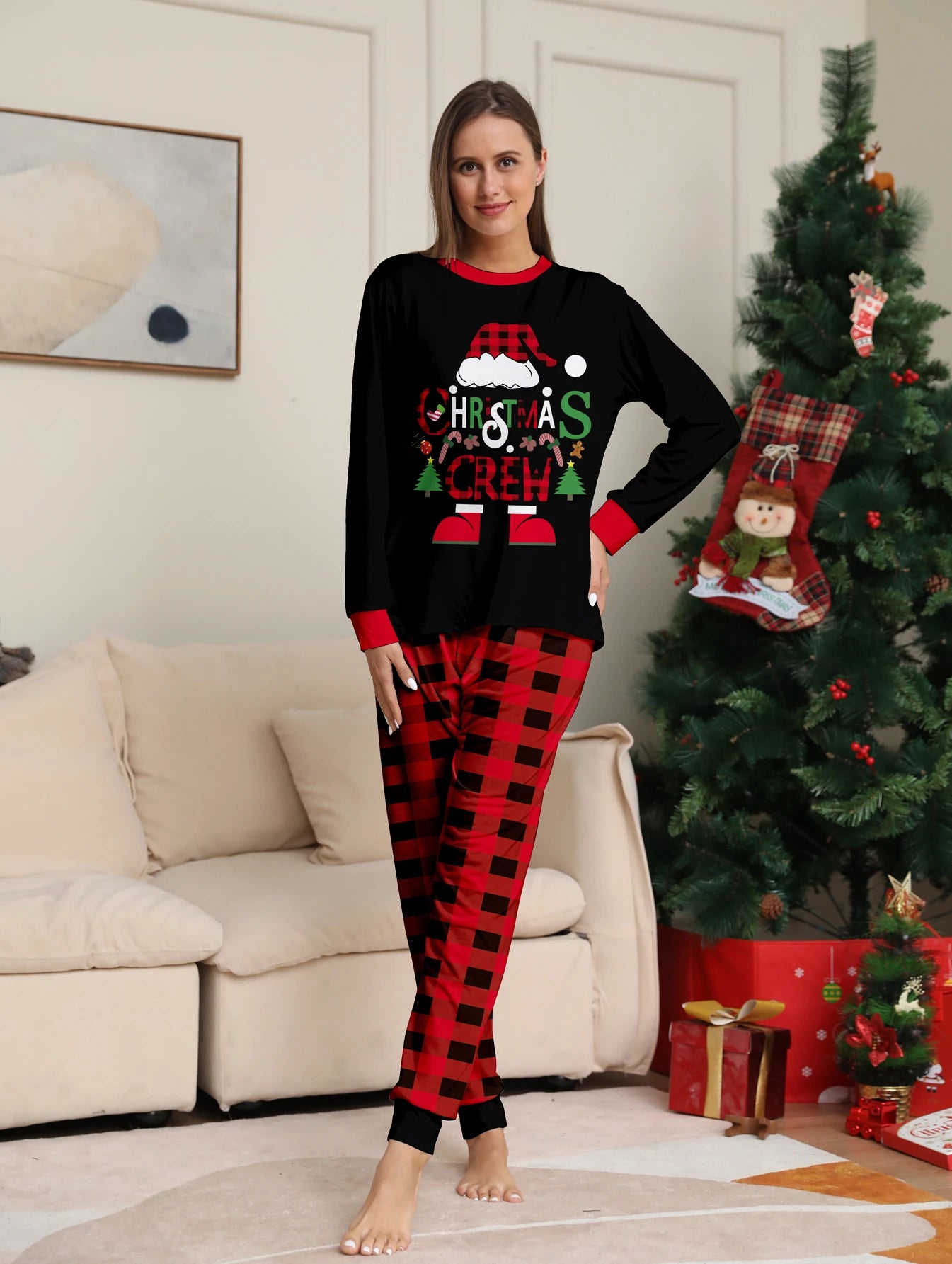 Women's Christmas Pajama Ensemble, Black Shirt with Christmas - Themed Graphics, Plaid Patterned Bottoms