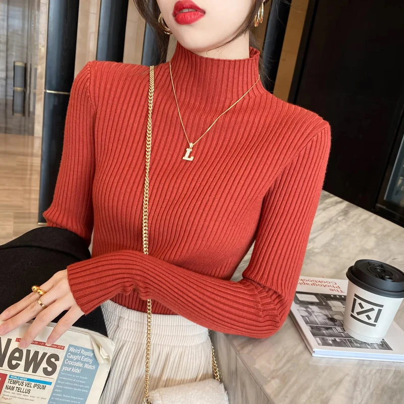 Winter Long Sleeve Mock Neck Knitted Women Sweater Pullover Slim Knit Sweater Women Tops Blusas Mujer De Moda 2024 Blusa J995
