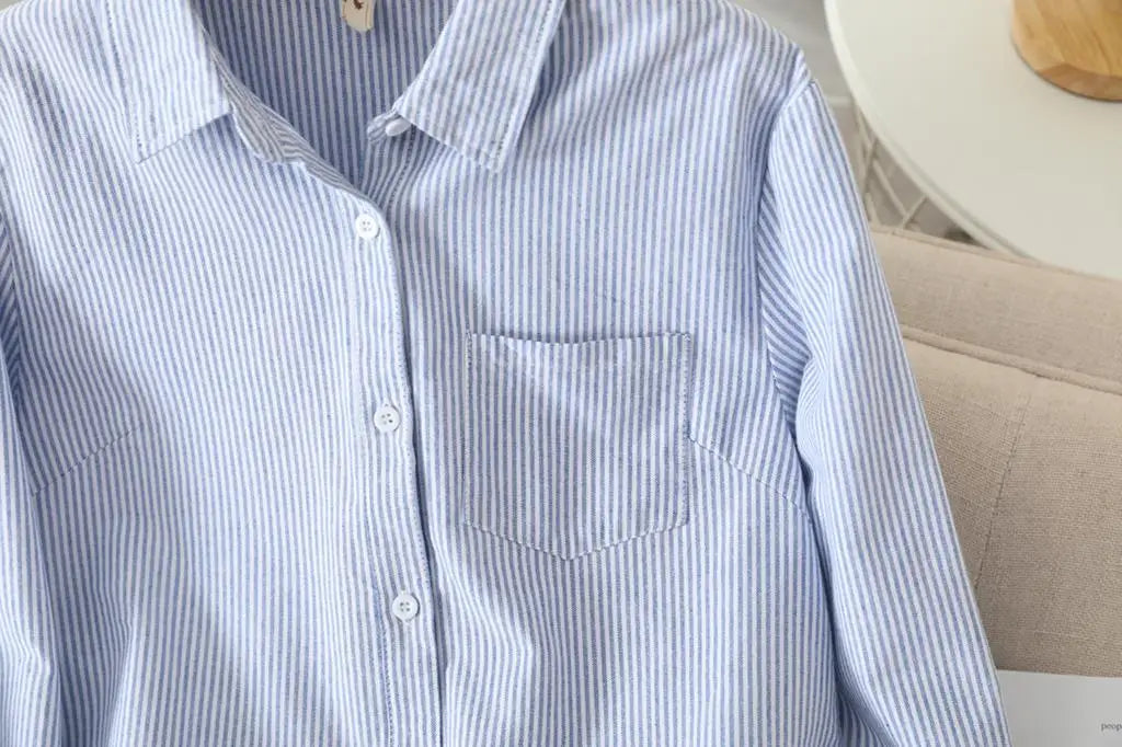 Casual Cotton Women's Oxford Shirt 2024 Autumn New Good Quality Woman Blouse and Tops Lady White Blue Striped Shirts Clothes
