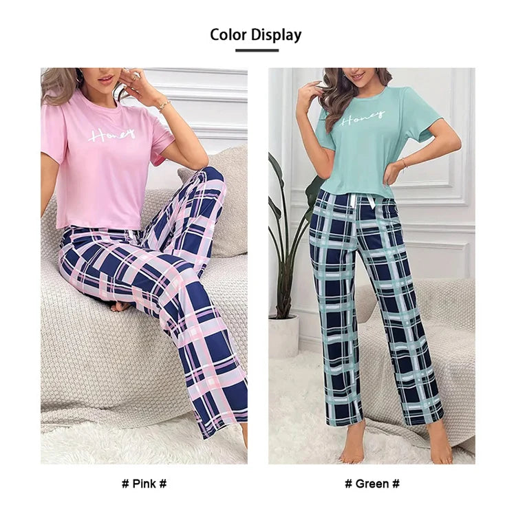 Women's Pajama Pj Set Letter Print Short Sleeve Top & Plaid Print Pants with Bow Details Casual Sleepwear for Adults All Seasons