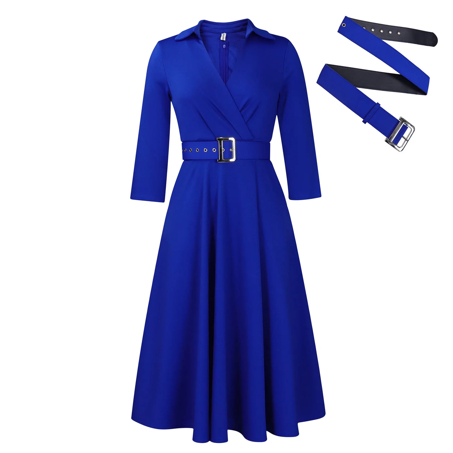 Large size women's 2025 autumn new lapel fashion temperament solid color swing skirt dress