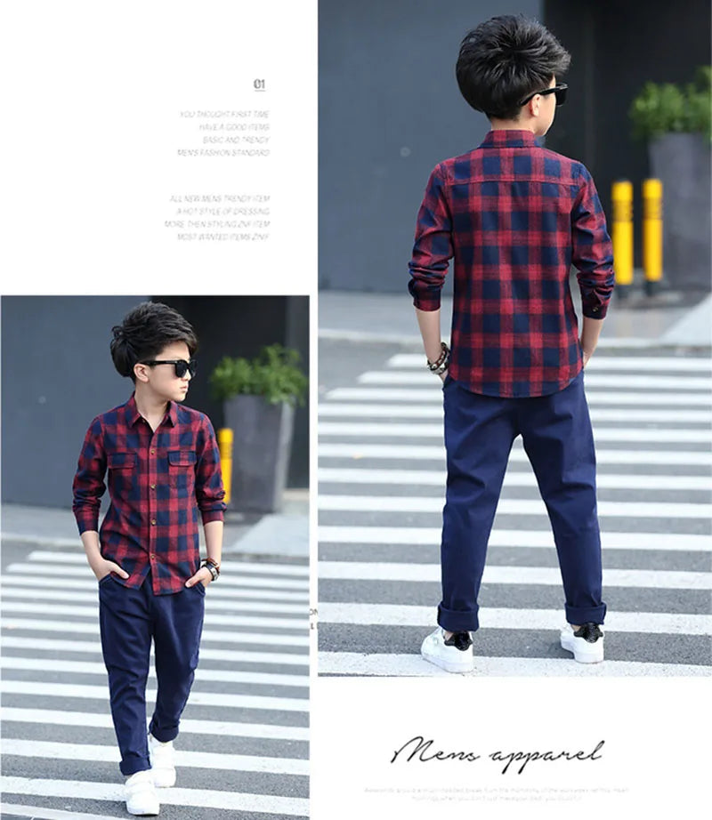 Boys Shirts Fashion Children Plaid Shirts Cotton Long Sleeve Boys Tops Shirt Teenage Kids Boys Clothes 5 6 8 9 10 12 14 15 Years