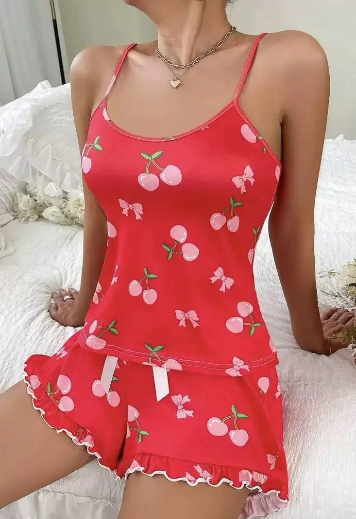 Phantasy Fashion Cherry Print Pajama Set Breathable Soft Casual Style Top Vestido Shorts Pajamas ﻿summer Women's Clothing 2025 ﻿