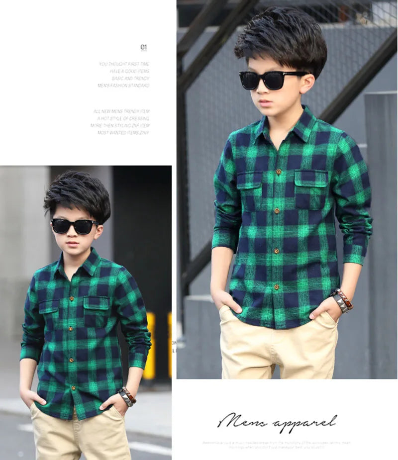 Boys Shirts Fashion Children Plaid Shirts Cotton Long Sleeve Boys Tops Shirt Teenage Kids Boys Clothes 5 6 8 9 10 12 14 15 Years