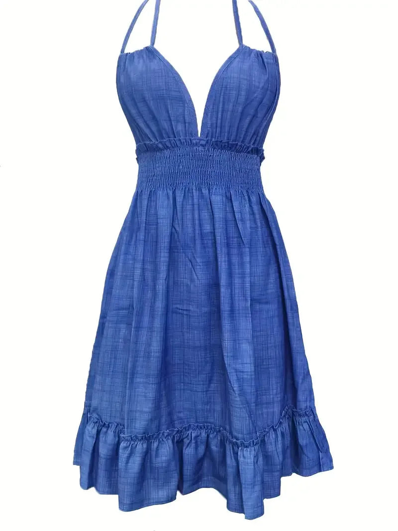 Women's Clothing European Dresses popular deep V-rope suspender black fungus edge parallel wrinkled seam backless sexy dress