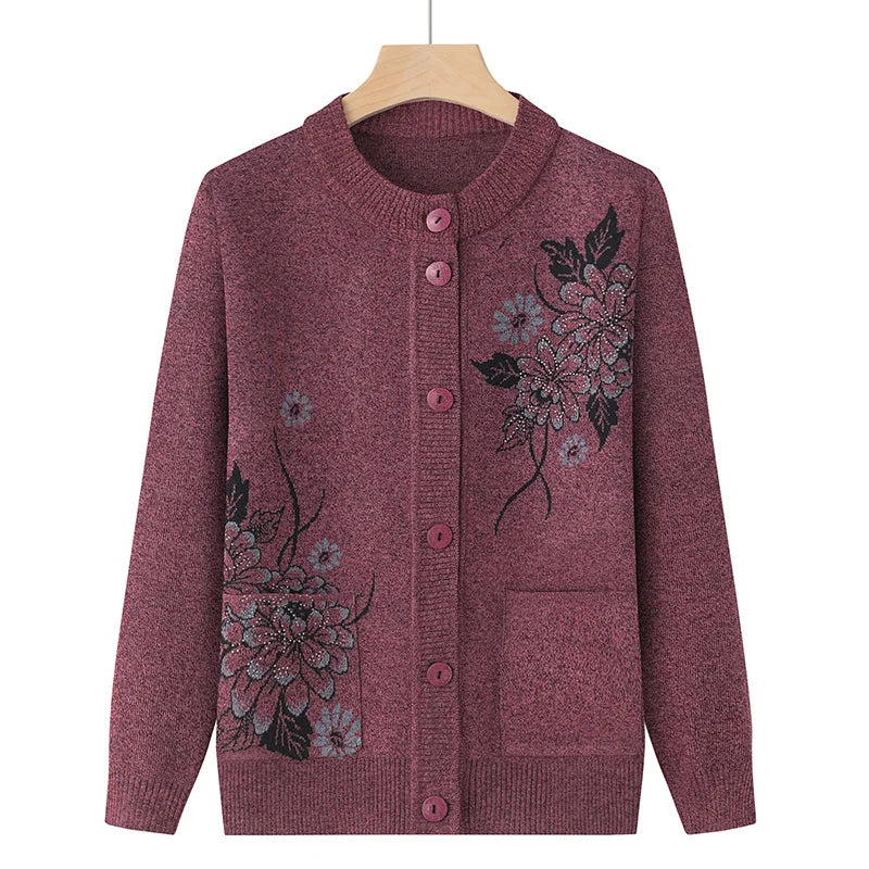 Korean Women's Clothes New Knit Woolen Printed Cardigan Coat Middle Aged Mother Knitwear Tops Vintage Grandma Sweater Jacket