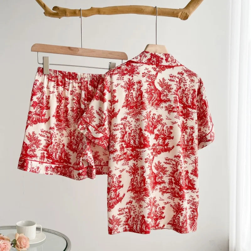 Women's Pajamas Sets Spring Autumn 2 Piece Print Leaves Pyjama Faux Silk Satin Sleepwear Long Sleeve Pijama Mujer Pjs Homewear