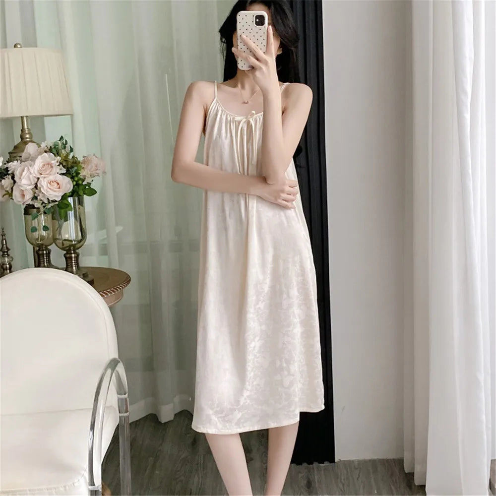 Chinese Women Nightwear Home Clothes Sexy Jacquard Satin Nightdress Sleepwear Nightshirts Silk Sleepshirts Nightgowns For Woman