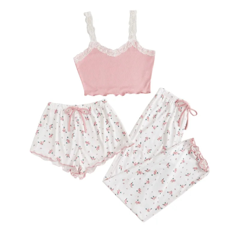 Pajama Sets Women Three Pieces Set Tank Tops Print Shorts Long Pant Suits Casual Sleep Lounge Sweet Lady Sleepwear Summer