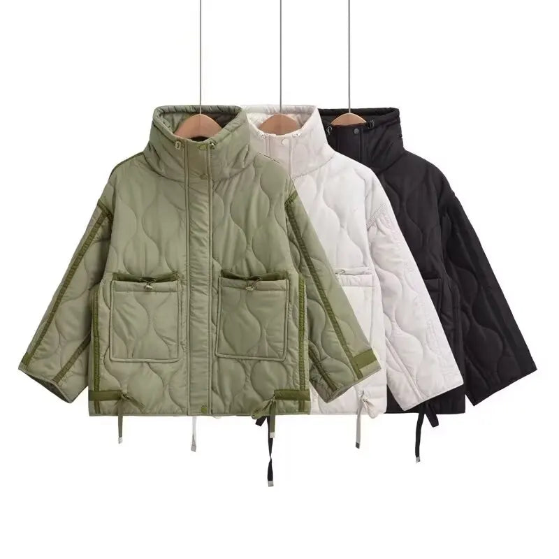 Quilted coat for women ETJ 2024traf QUILTED JACKET WITH TIES new beige drawstring high neck pocket clip cotton jacket for women