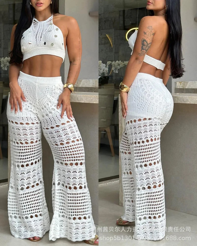 Pant Set Women Two Piece Sets Backless Matching Sets Short Tops Beach Knitted Hollow Out Wide Leg Long Pants High Waist Summer