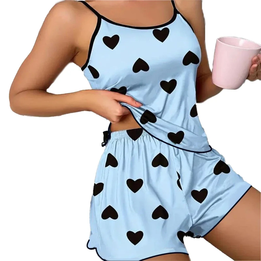 Summer New Women's Pajama Set Breathable Soft Casual Love Printed Design Sweet Home Strap Shorts Pajamas