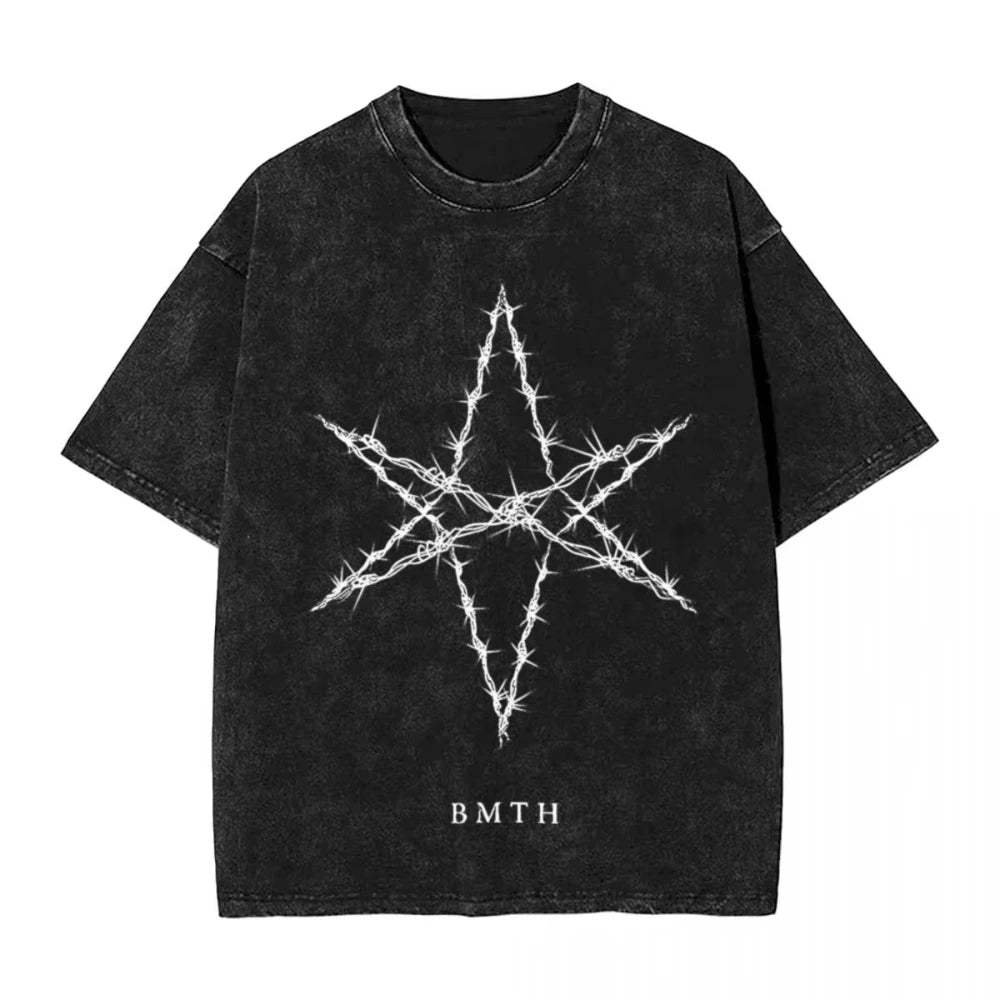 Washed T Shirt Men Clothing BMTH Bring Me The Horizons Brutal Funny Logo T-Shirt Summer Vintage T Shirts Cotton Trending Graphic