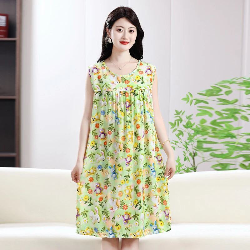 2025 New Women's Spwear Cotton Silk Nightgown round Ne Mid-Length Svel Dr Artificial Cotton Home Clothes