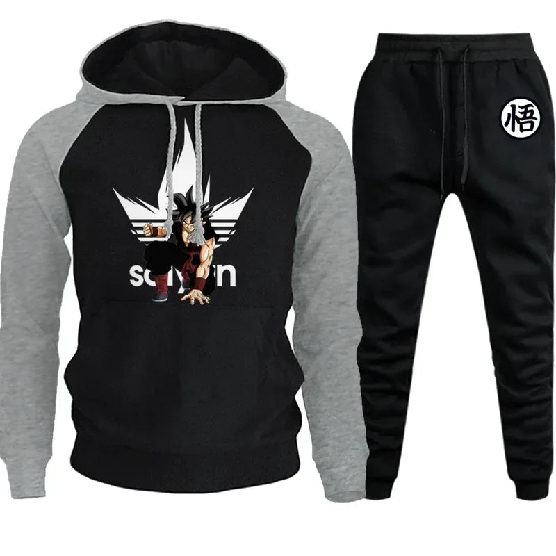 Anime Dragon Ball Hoodie+Pants Set Cartoon Goku Print Hooded Sweatshirt Long Sleeved Casual Sportswear Set Man Clothing Gift