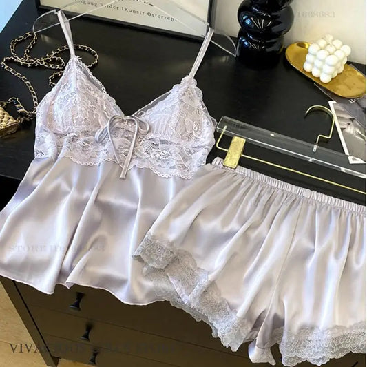 Female Suspender Pajamas Set Lounge Wear Sexy Hollow Out Lace Intimate Lingerie Sleepwear Summer New Strap Top&shorts Homewear
