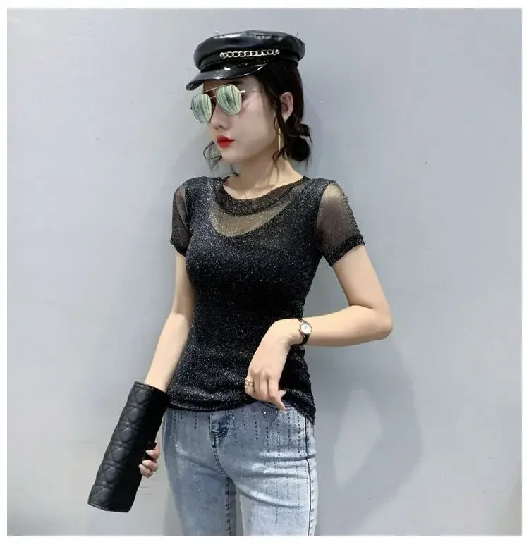 Summer Women Clothing 2025 New Half-sleeved Fashionable Short-sleeved T-shirt Hollow Mesh Top Lace Pullover