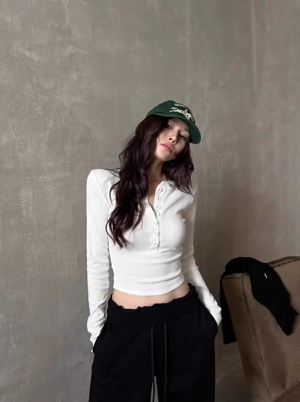 Polo Neck T Shirt for Women Sexy Crop Top Button Long Sleeve Woman Tshirt Slim Black Youthful Elegant Synthetic Aesthetic Luxury