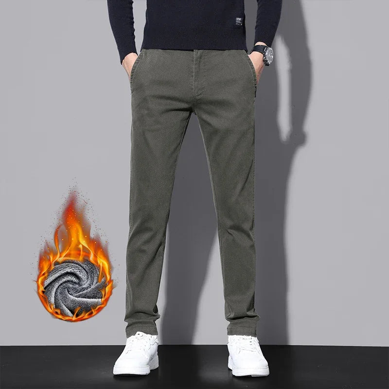 Brand Fleece Pants Forr Men Winter New Warm Cotton Elastic Waist Korean Fashion Twill Straight Plush Trousers Male