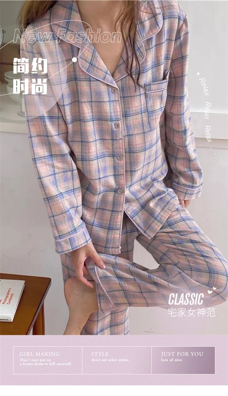 Pajamas Female Autumn and Winter Long-Sleeved Sweet Homewear Two-Piece Tide Cardigan Lapel Plaid Homewear 1