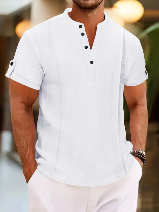 Men's summer new style standing collar short-sleeved POLO Shirts double button front casual outdoor beach wind solid color Tops