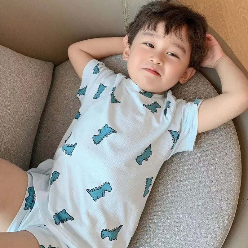 Summer Home Clothes Air-conditioned Clothes Boys and Girls Ice Silk Fabric Loose Short Sleeved Shorts Two-piece Set of Pajamas
