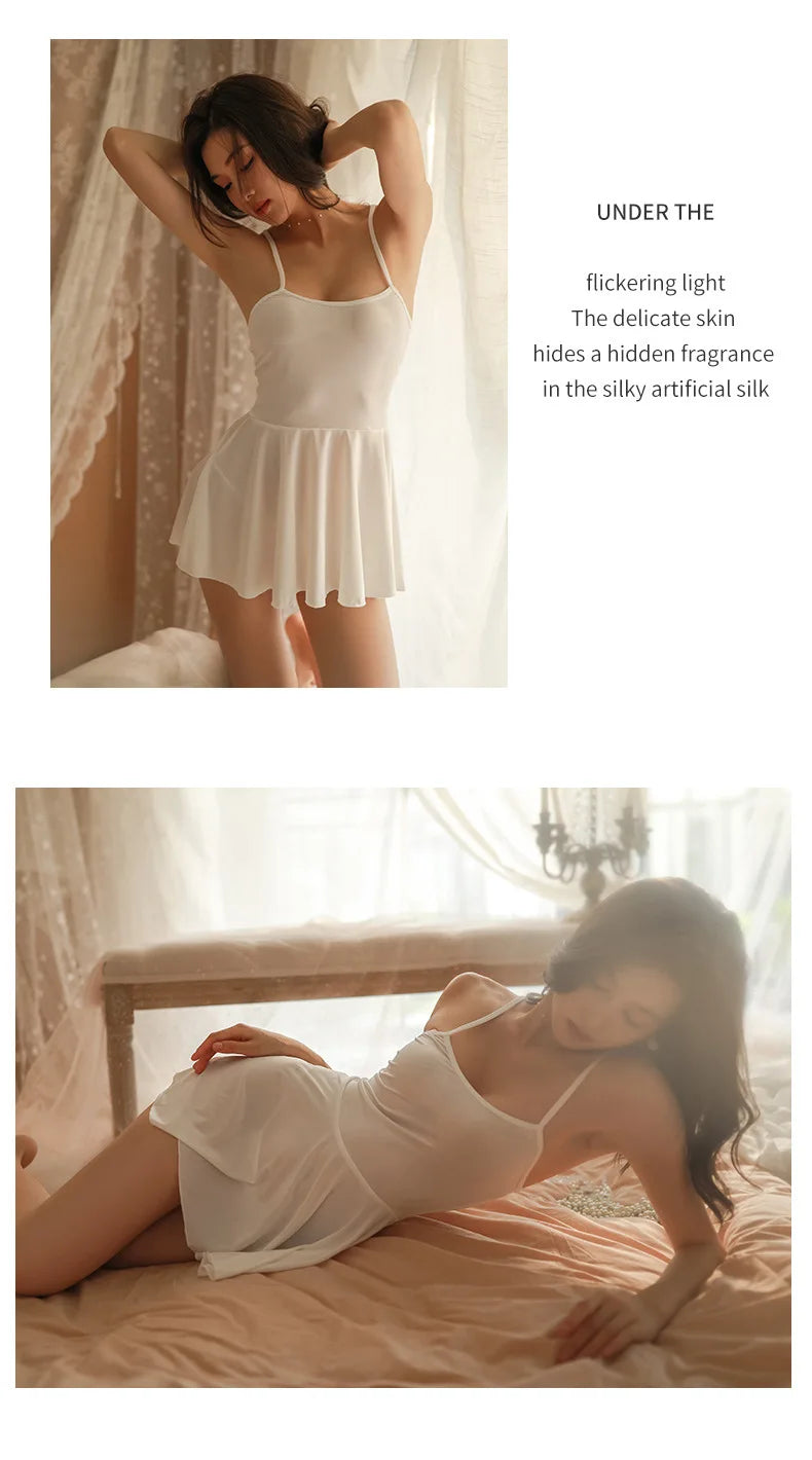 Pajama Sling Pure Desire Sexy See-through Erotic Nightgown Lace Transparent Vest Adjustable Backless Temptation Uniform Set