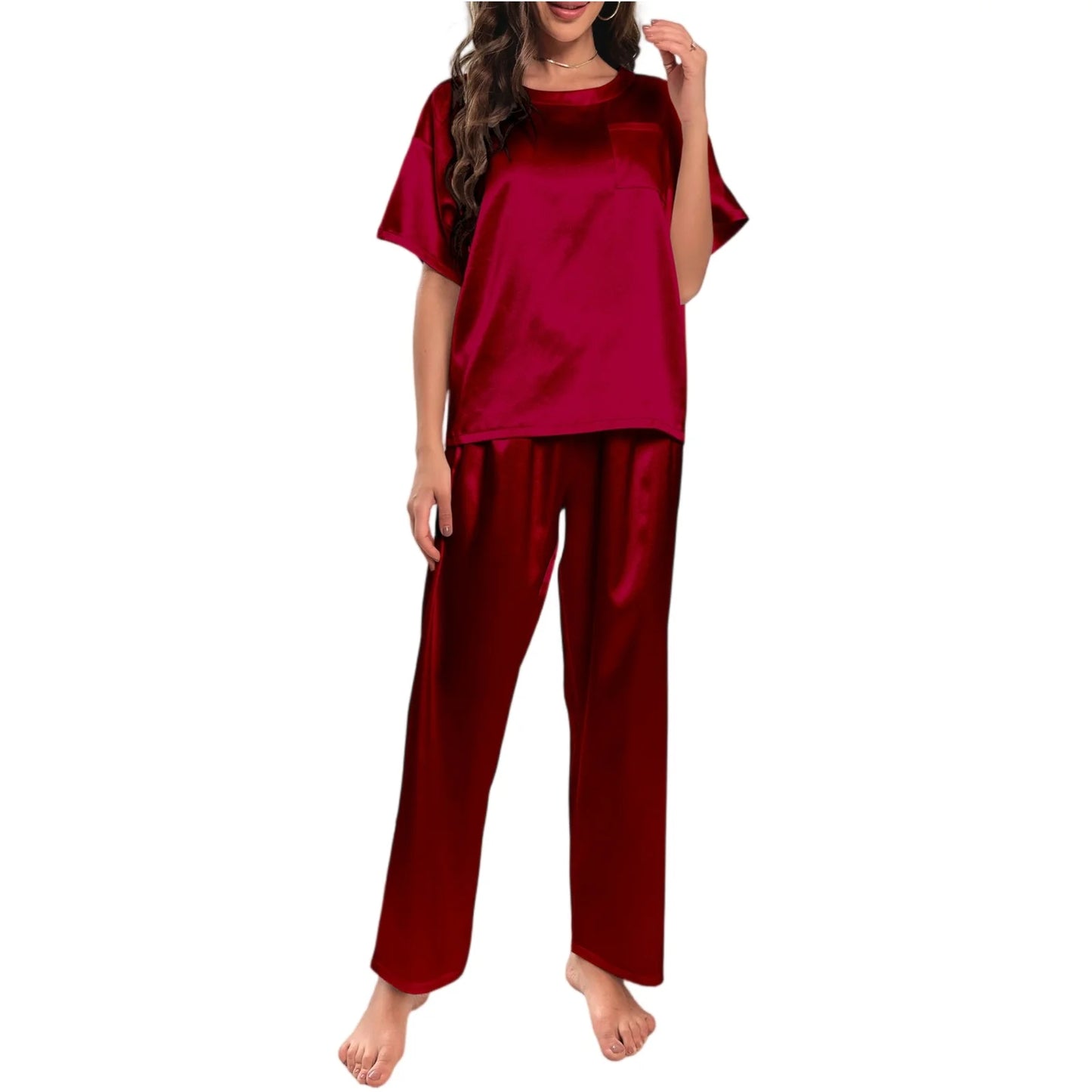 High Quality Casual Ice Silk Loose Pajamas Set Short Sleeved Long Pants Comfortable Pajama Set Daily Home Clothes Pajama Set