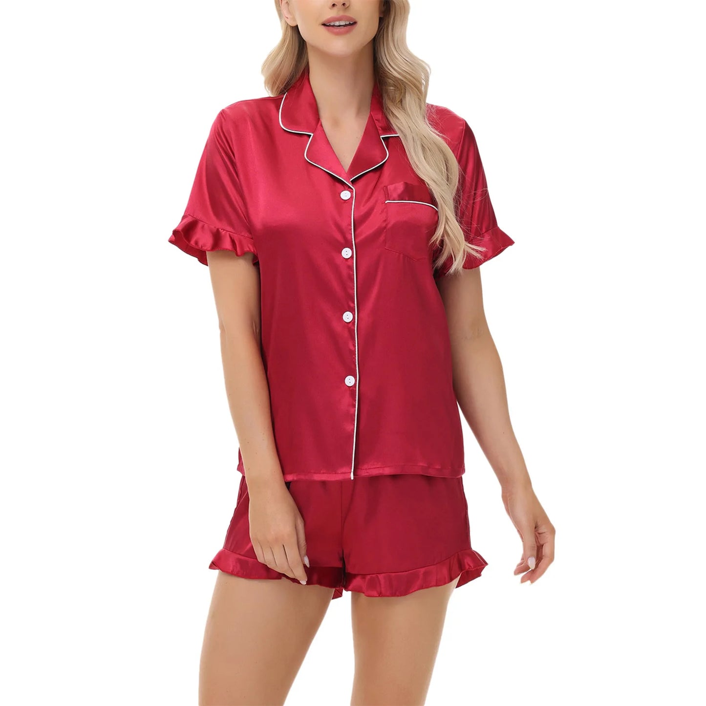 Luxurious Short Sleeve Satin Pajama Women Daily Home Wear Sleepwear Imitation Silk Lounge wear Button-Up Lapel Collar Nightwear