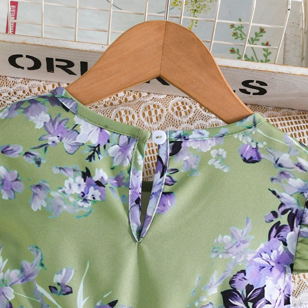 Girls' Dress, Full Flower Print Dress,O-neck Casual Dress, Waist Dress with Bow Decoration, Suitable for Girls' Dresses Aged 2-7