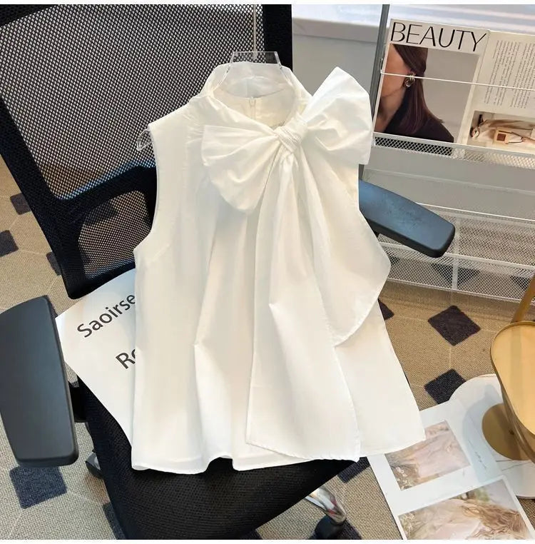 White Blouse for Women 2025 Blusas Mujer De Moda Bandage Bow Sleeveless Loose Shirts Fashion Sweet Summer Blouses Tops Female